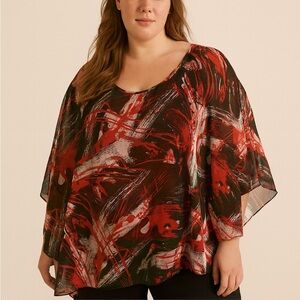 Addition Elle, Sheer blouse, Abstract Design, Red, White and Black